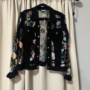 Adore Black Denim Jacket with Multicolor Floral Embroidery